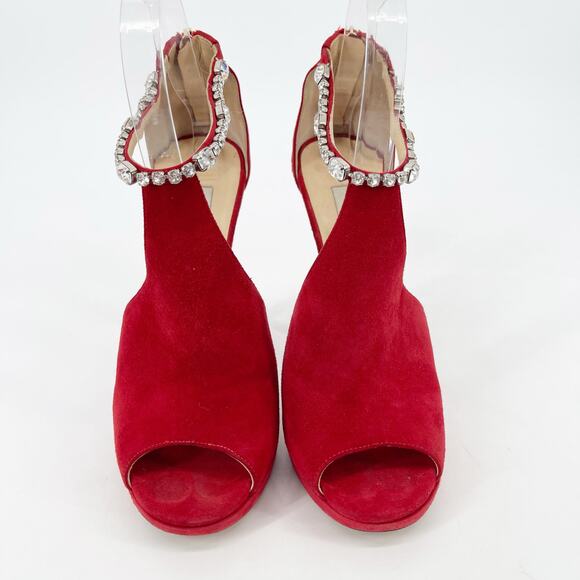 Jimmy Choo Farah Red Suede Crystal Trim Peep Toe Platform Sandal Heel IT 38.5 - Picture 5 of 14
